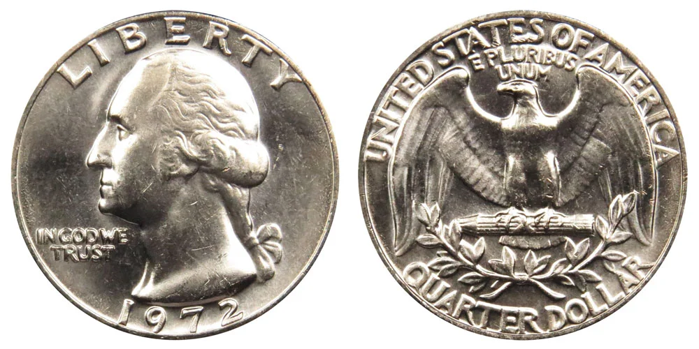1972 Washington quarter obverse and reverse showing date, mint mark, and Washington portrait