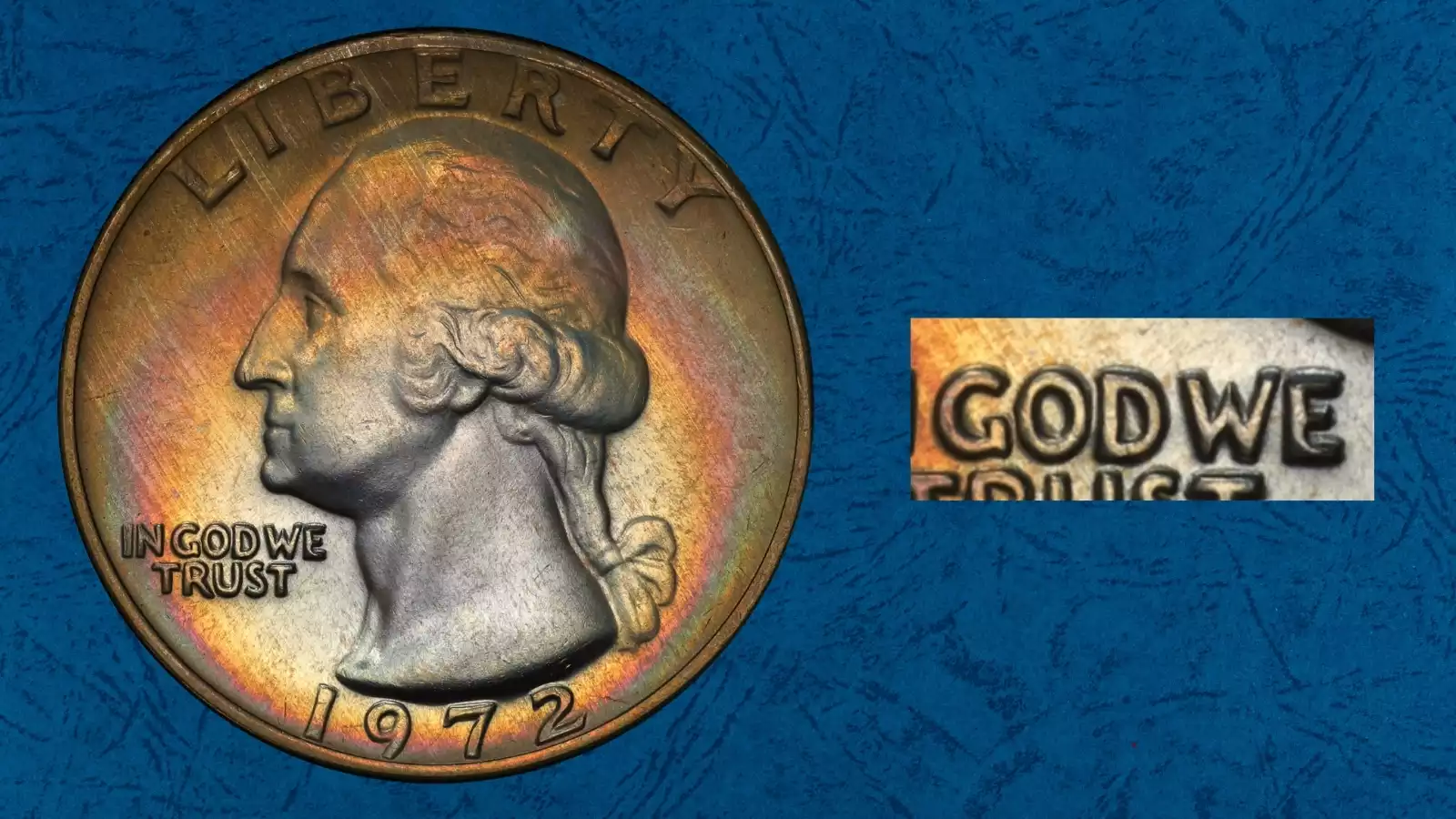 Side-by-side comparison of normal 1972 quarter obverse versus 1972 doubled die obverse showing doubling on IN GOD WE TRUST