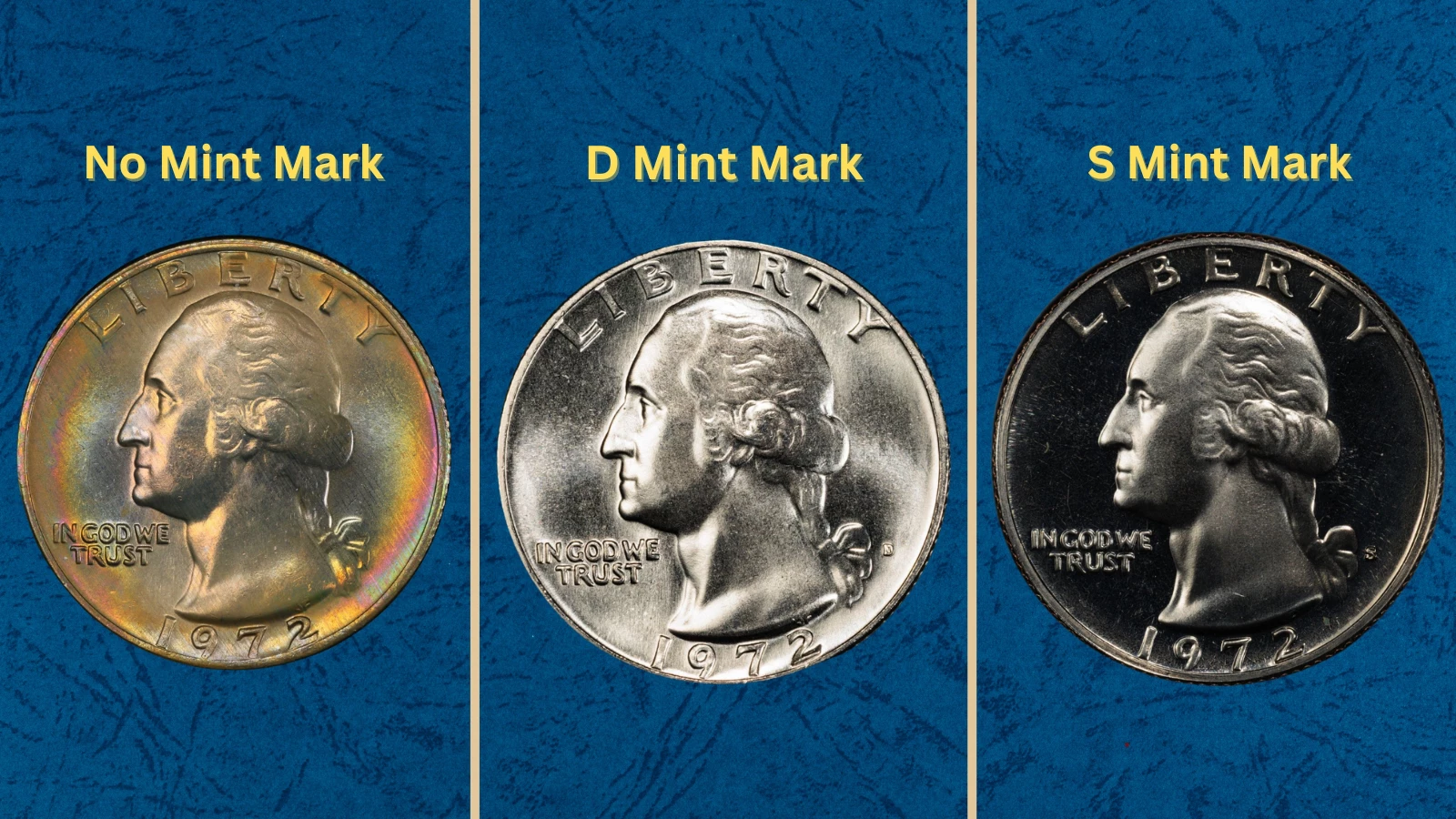 Group of 1972 Washington quarters showing range from circulated worn to gem uncirculated condition at Philadelphia and Denver mints