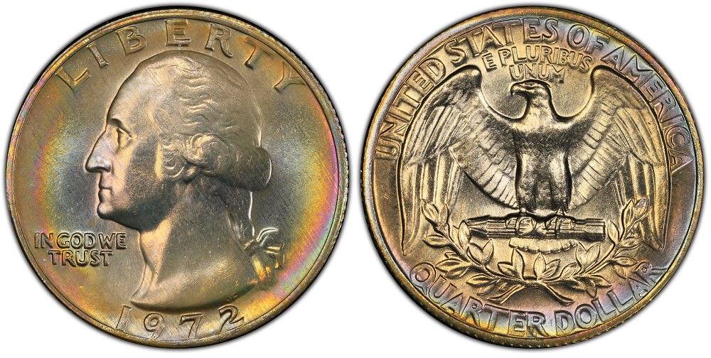 1972 Washington quarter grading strip showing four coins ranging from worn circulated through gem uncirculated condition